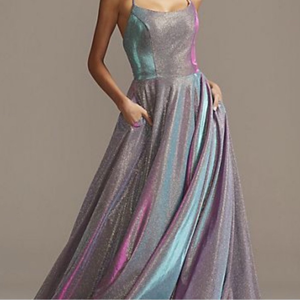 David's Bridal Green and Purple Pleated Prom Gown